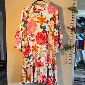 NWOT  Petal & Pup Peta Dress in a white floral print. A tiered mini dress featur